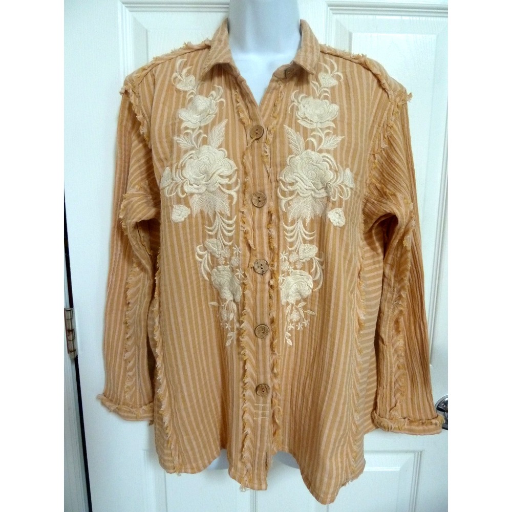 Karyn Seo Women M Boho Grunge Raw Hem Embroidered Striped Blouse Yellow Cream